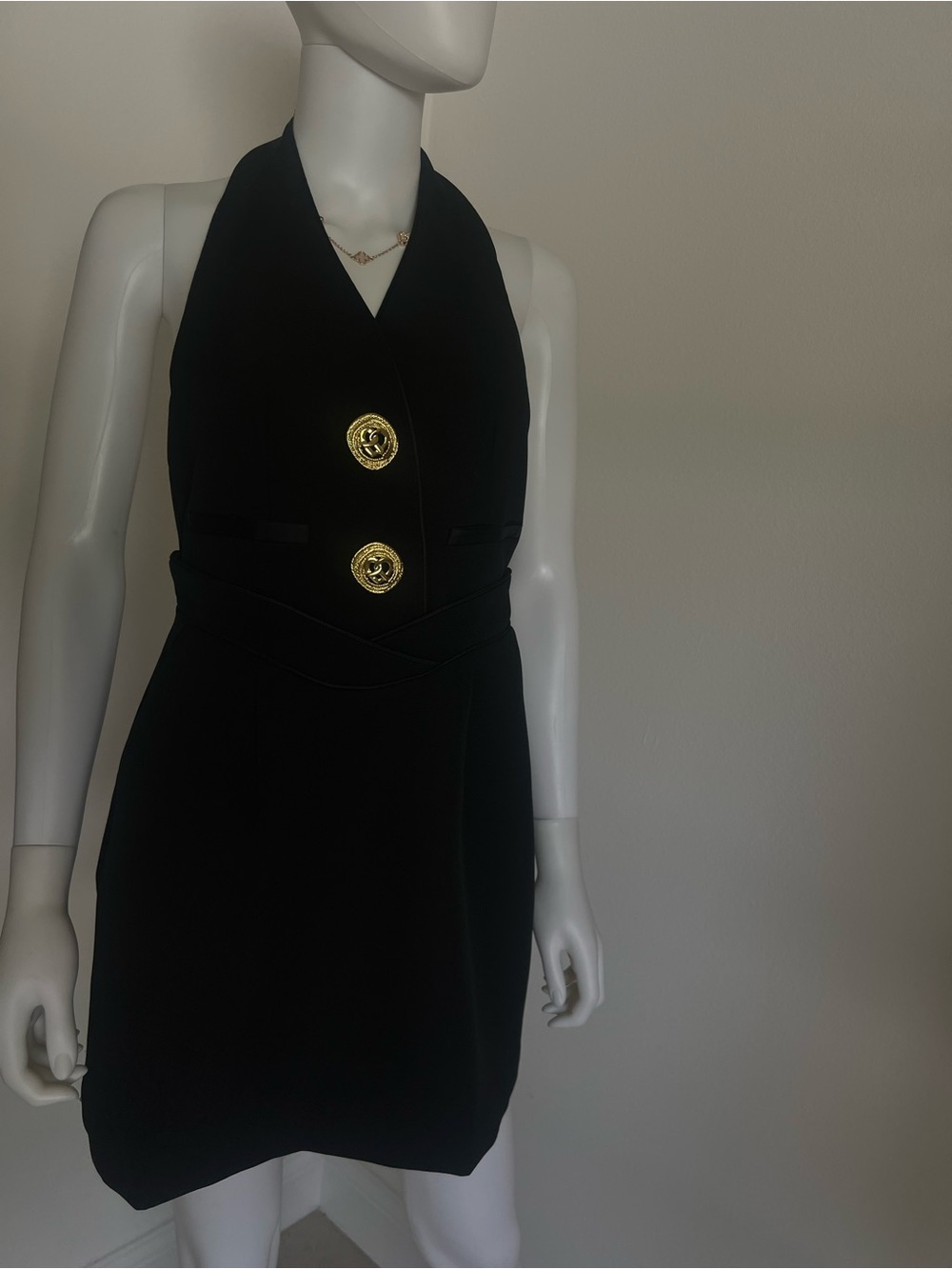 Halter Mini Dress with Gold Accent Buttons - Black